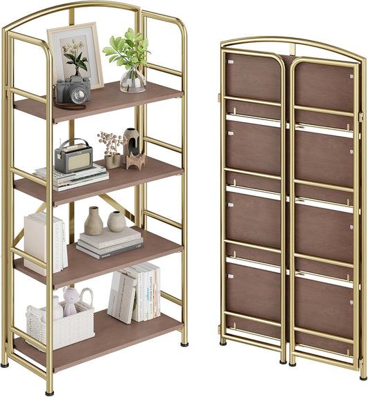 No-Assembly Folding Gold Bookshelf Storage Shelves 4 Tiers Vintage Multifunctional Plant Flower Stand Storage Rack Shelves Bookcase for Home Office