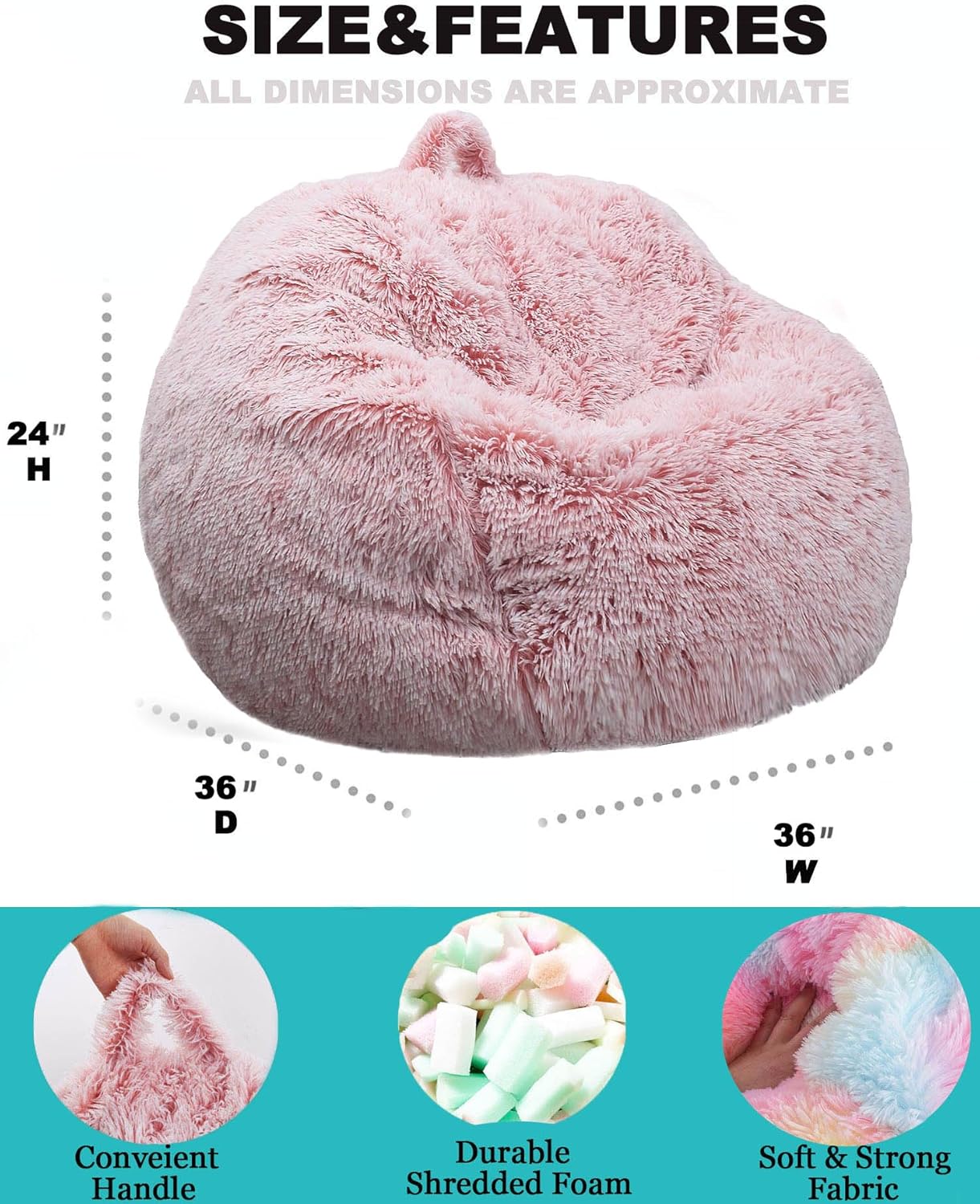 Fluffy Bean Bag Chair, 3FT Round Memory Foam Filled Bean Bag for Teens & Kids, Ultra Soft Faux Fur Fabric Bean Bag Chairs for Playroom, Living Room, Bedroom,Pink