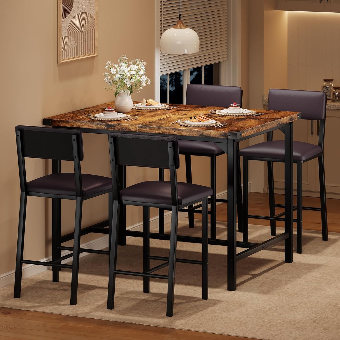 IDEALHOUSE Dining Table Set for 4 w/Footrest & Corner Protector, 5-Piece Kitchen Table Set with Counter Height Table & 4 Upholstered Bar Stools, for Kitchen Room, Apartment, Pub,Retro Brown