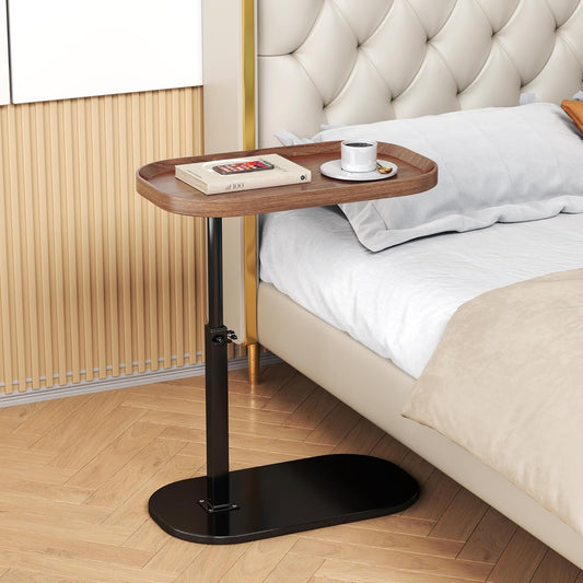 Adjustable Height C Shaped End Table with Wheels,360°Swivel Side Table, Top Tilting Laptop Stand TV Table for Sofa/Bed, Couch Tables that Slide under,Small Coffee Table for Living Room (walnut A)