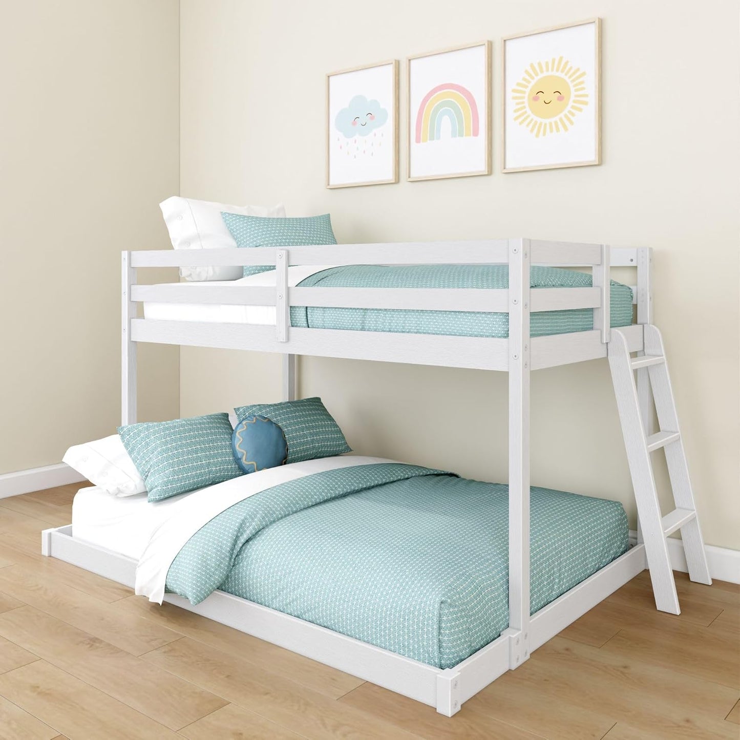 Grain & Grove Bear Twin Over Full Bunk Bed, Low Bunk Bed Frame for Kids, Bunk with Ladder, Guardrail, and Slats, No Box Spring Required, Brushed White