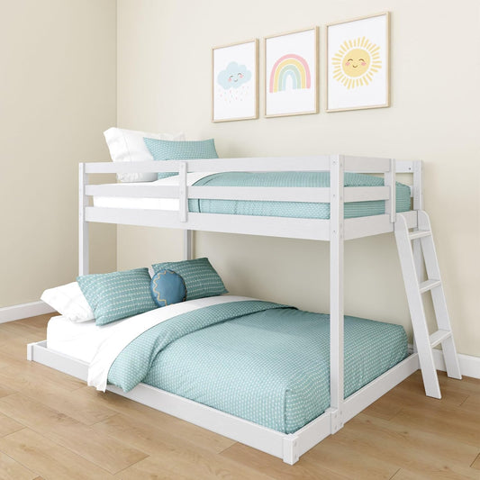 Grain & Grove Bear Twin Over Full Bunk Bed, Low Bunk Bed Frame for Kids, Bunk with Ladder, Guardrail, and Slats, No Box Spring Required, Brushed White