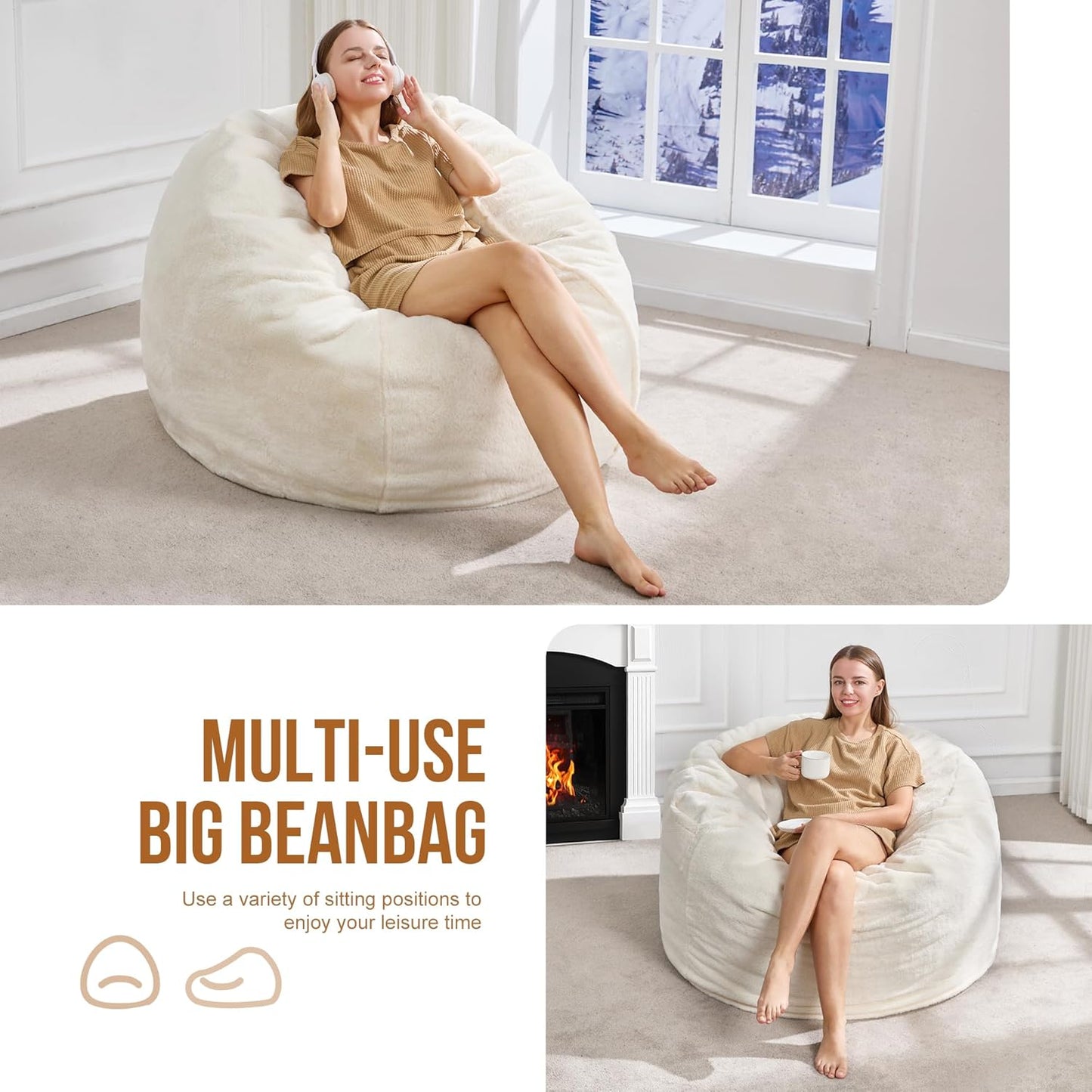 Hobestluk 3ft Bean Bag Chairs for Adults Large Beanbag Chair with Plush Faux Fur Cover Big Bean Bag Chair for Living Room Bedroom Dorm Office - White(36” x 36” x 22”)
