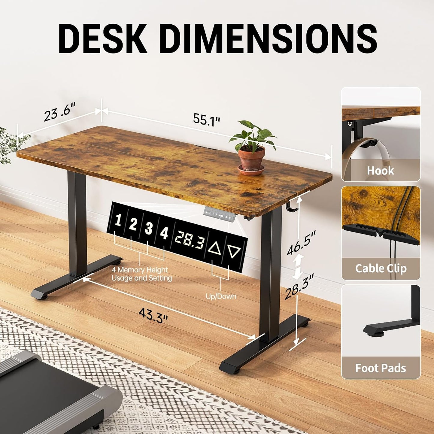 Veken 55 Inch Large Electric Standing Desk, 4 Memory Heights Adjustable,Sit to Stand Up, Work Home Office Computer Table for Study, Walking Pad, Writing, and Games, Wooden Desktop Desks, Brown