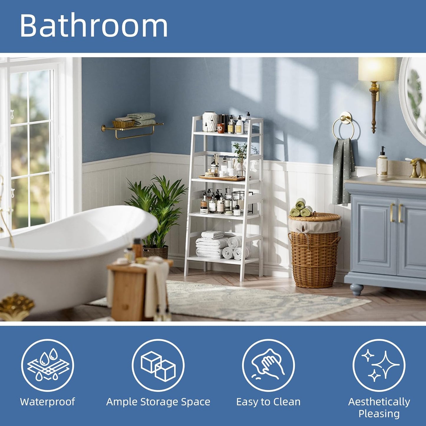 HITNET White Ladder Bookshelf, Leaning Bookcase, 4-Tier Bamboo Shelf, Floor Standing Storage Shelving Unit, Open Display Book Shelves