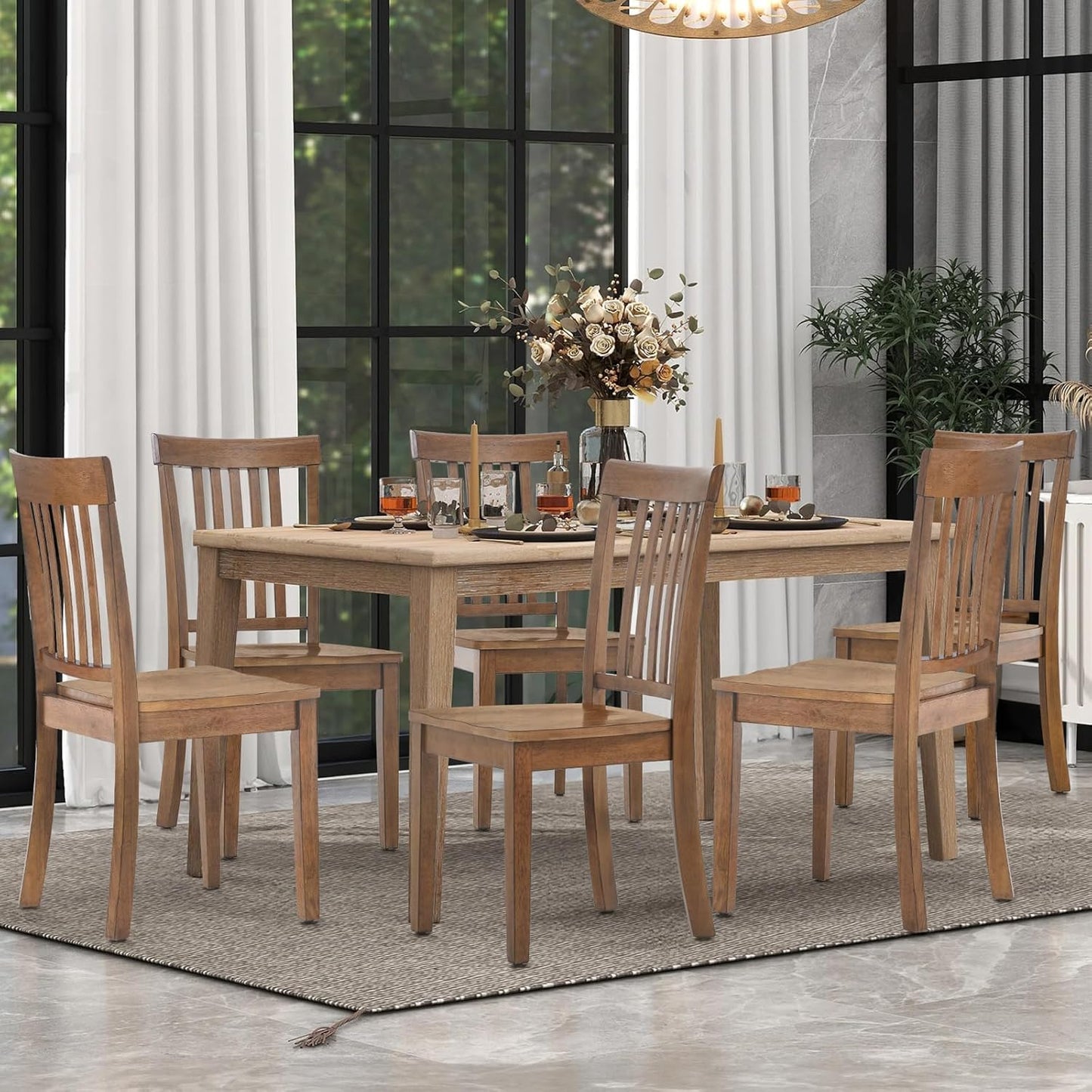 COLAMY Wooden Dining Room Chairs Set of 6, Spindle High Back Windsor Kitchen Side Chair, Farmhouse Dining Chairs for Kitchen, Dining Room, Light Brown