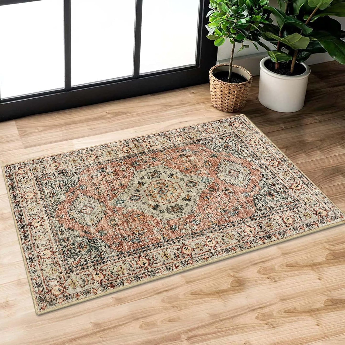 Lahome Oriental Door Mat Indoor Entrance, 2x3 Washable Indoor Rugs for Entryway Soft Small Kitchen Rugs Non Slip Ultra-Thin, Vintage Door Mat Carpet for Bedroom Bathroom, Peach/Orange