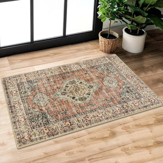 Lahome Oriental Door Mat Indoor Entrance, 2x3 Washable Indoor Rugs for Entryway Soft Small Kitchen Rugs Non Slip Ultra-Thin, Vintage Door Mat Carpet for Bedroom Bathroom, Peach/Orange