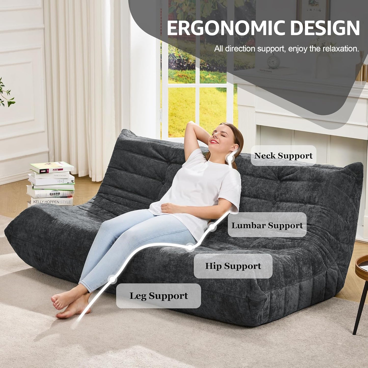 Hobestluk Bean Bag Chairs for Adults Giant Bean Bag Chair Memory Foam BeanBag Chair Bean Bag Sofa with Filler Faux Fur Fireside Beanbags Lazy Sofa for Living Room Bedroom (Darkgrey Chenille, 3-Seater)