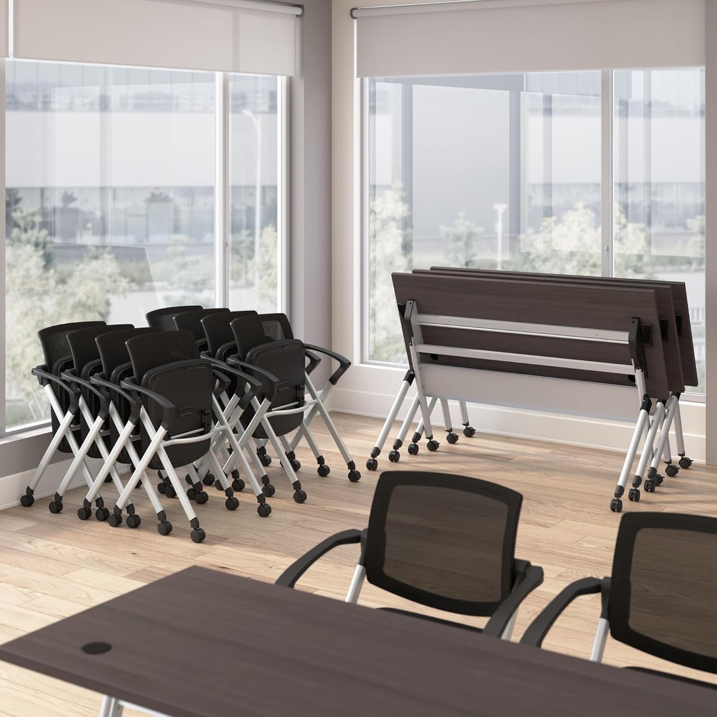 Bush Business Furniture Folding Training Table Set for 2, 72 inch Desk with Powered Grommets and 2 Chairs with Arms, Commercial-Grade Bundle for Office or Classroom, Envision Collection, Gray