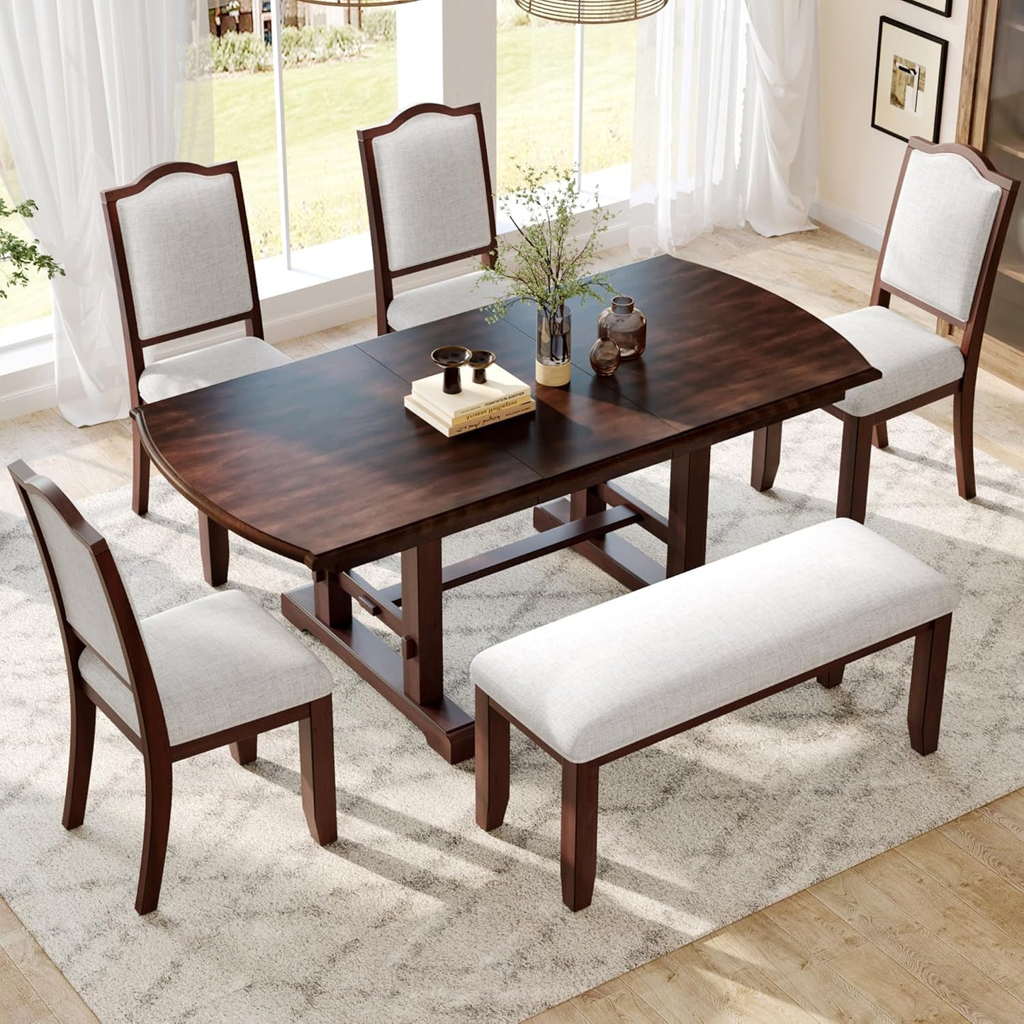 Ball & Cast Dining Table Set for 6,60" to 78" Extendable Wood Dining Table with Removable Leaf,6-Piece Kitchen Table Set W/ 4 Upholstered Chair and 1 Bench,for Dining Room,Kitchen,Restaurant,Cherry