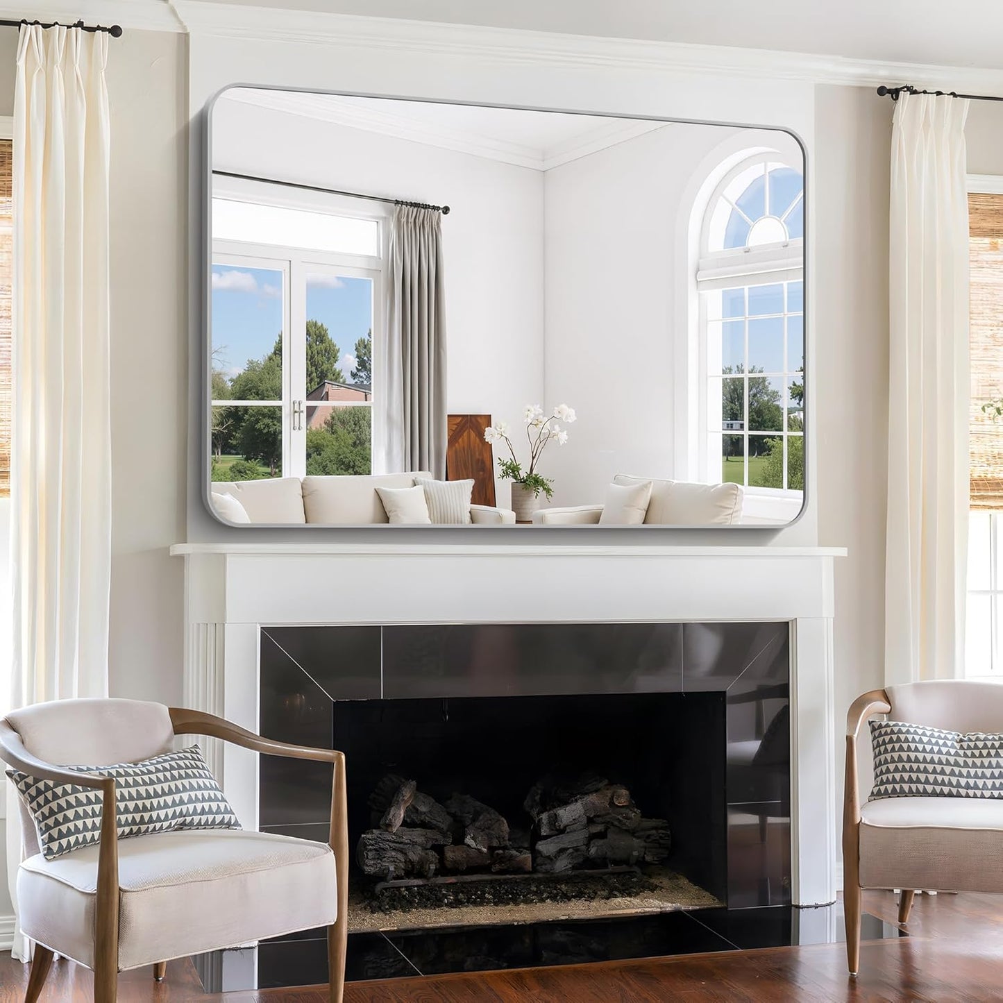 60x40 Inch Silver Bathroom Mirror, Large Rectangle Mirror, Metal Framed Rectangular Vanity Mirror, Rounded Corner Wall Mounted Mirror for Living Room Bedroom Entryway Horizontal or Vertical