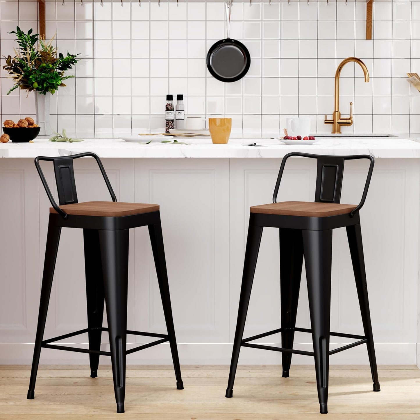 WENTMENT Metal Bar Stools Set of 2 Counter Height Barstools with Removable Back 24" Kitchen Bar Stools with Wooden Seat, Black
