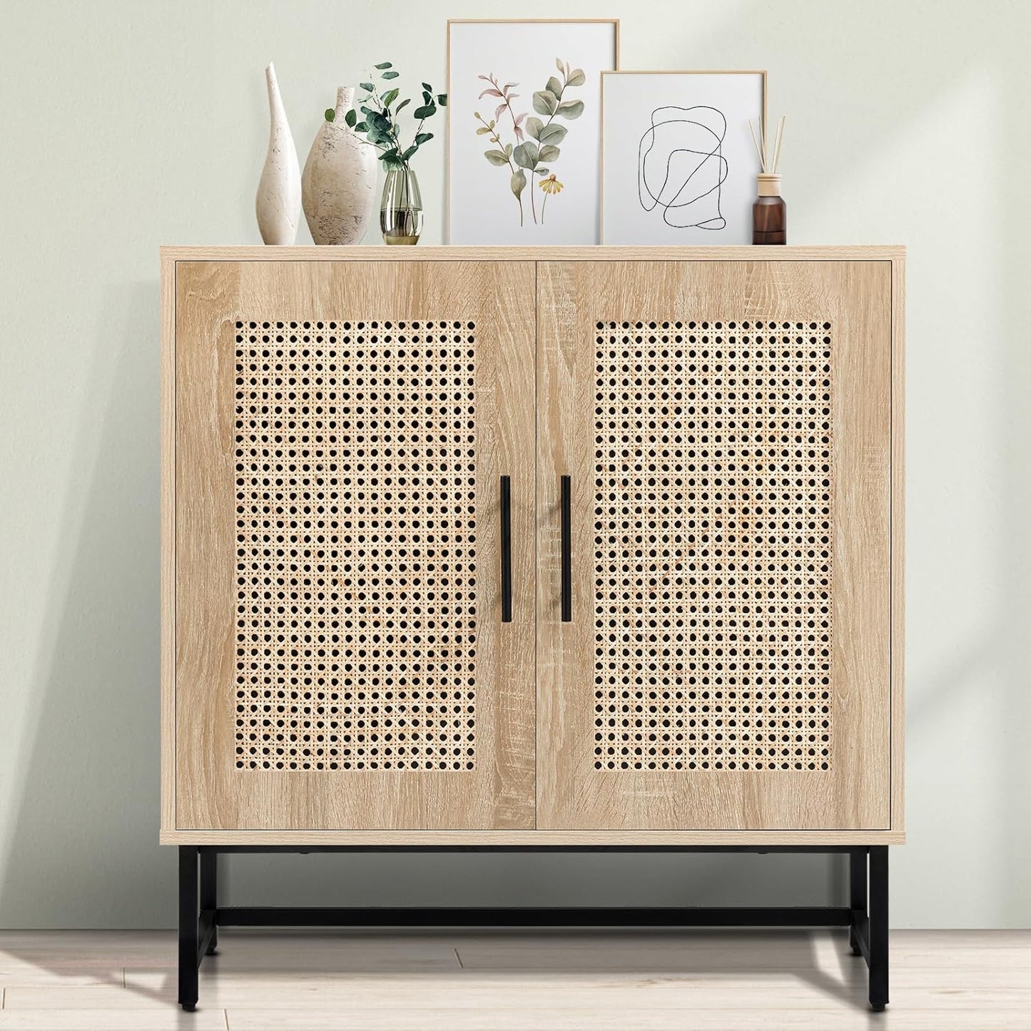 KFO Storage Cabinet with Handmade Natural Rattan Doors, Rattan Buffet Cabinet, Sideboard for Living Room, Hallway, Dining Room, Entryway