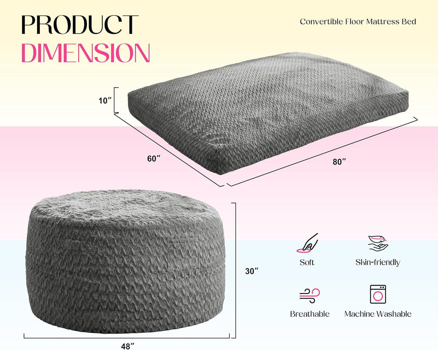 Hobestluk Bean Bag Chair Convertible Beanbag Chairs for Adults, 3 in 1 Bean Bags with Plush Chevron Cover, Adult Bean Bag Chair for Living Room, Bedroom (Grey, Queen)