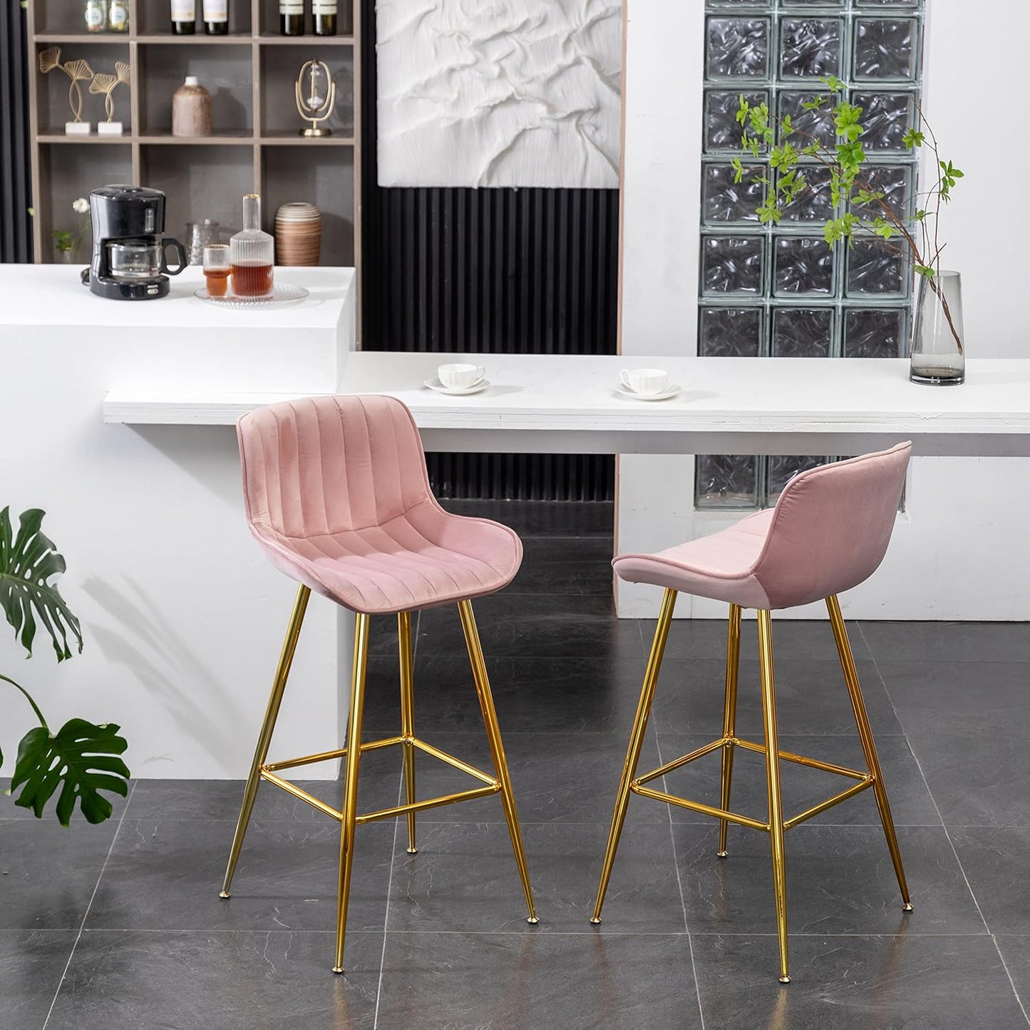Sidanli 29 Inch Bar Stools Set of 2, Pink Counter Stools with Back and Gold Plated Legs, Upholstered Barstools for Bar, Living Room, Kitchen Counter, Farmhouse