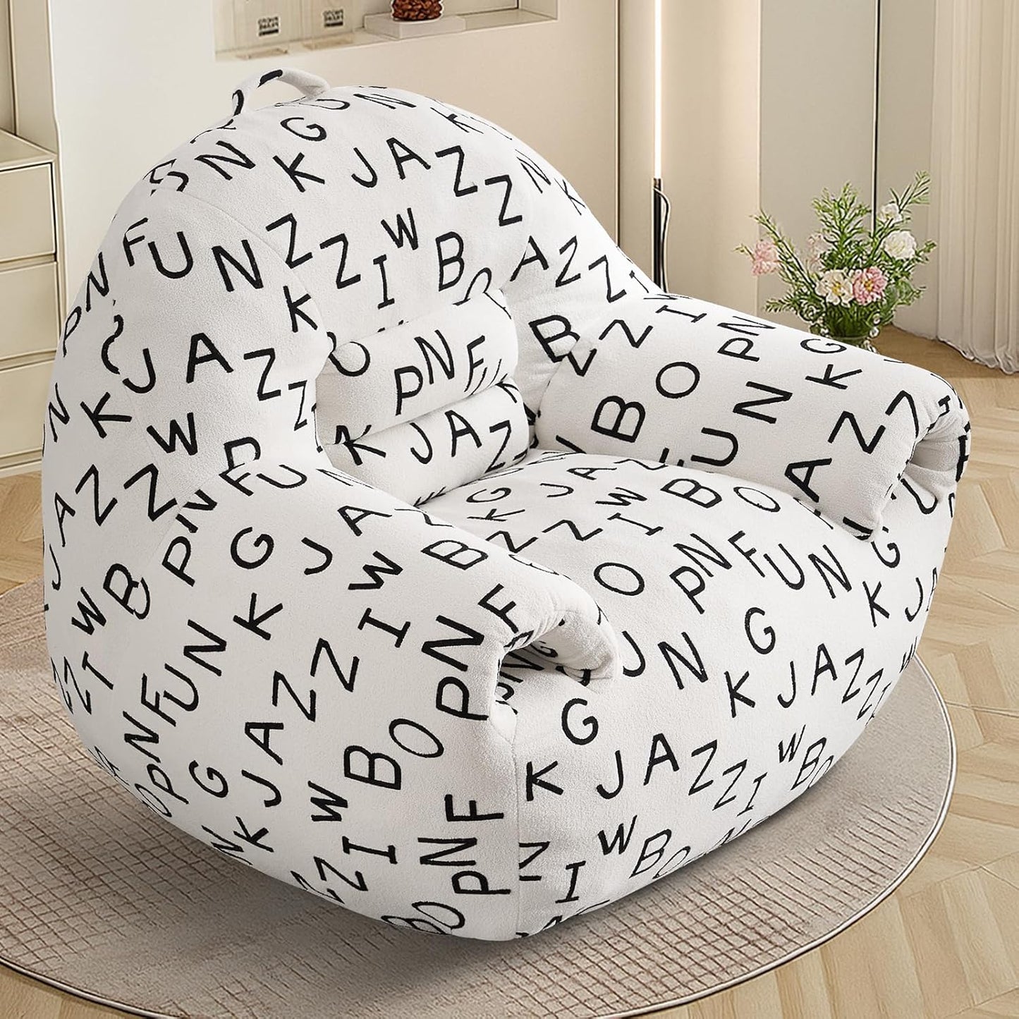 DAICO Bean Bag Chairs for Adults Comfy Bean Bag Sofa Chair with Armrests Single Lazy Floor Sofas Accent Chair with Foam for Living Room Bedroom Reading Gaming Office (Letter White)