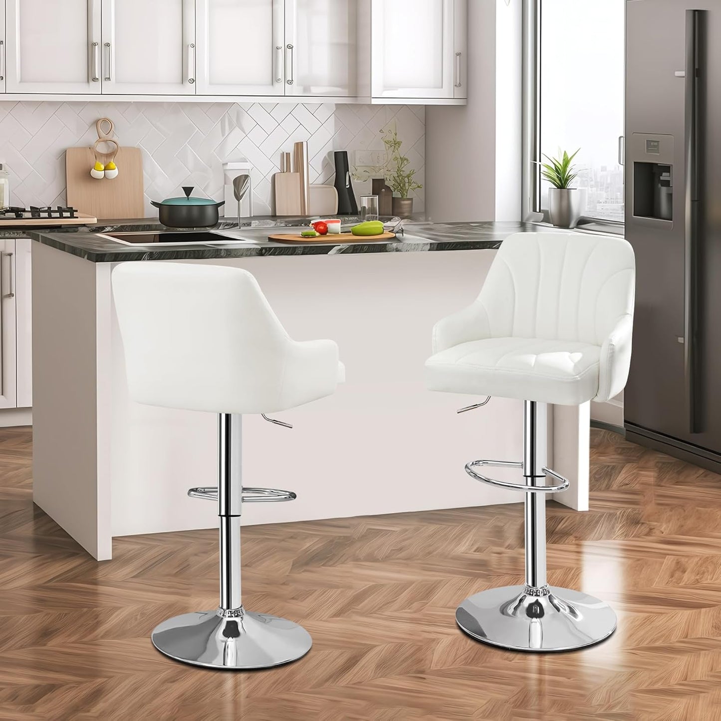 VECELO Bar Stools Set of 2, Adjustable Barstools, Counter Height Stools with Back and Arm, Kitchen Island Stools, Swivel PU Leather Stools, Modern Style, White