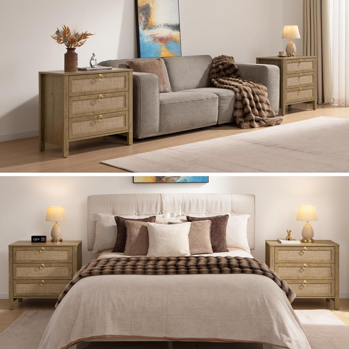 SICOTAS Night Stand with Drawers, Large Rattan Bedside Table with Golden Handle, 3 Drawers Nightstand Tall End Table Side Table Boho Nightstand for Bedroom