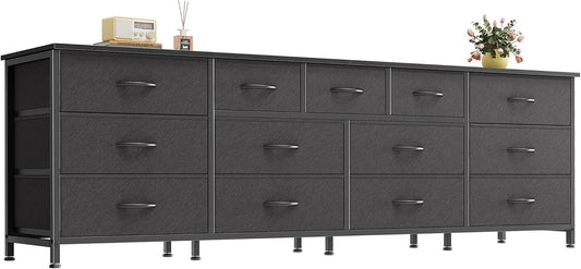 Huuger 70 Inch Black Dresser for Bedroom, TV Stand for 65, 75, 80 Inch TV, 13 Fabric Drawer Long Dresser, Wide Chest of Drawer, Storage Units for Bedroom