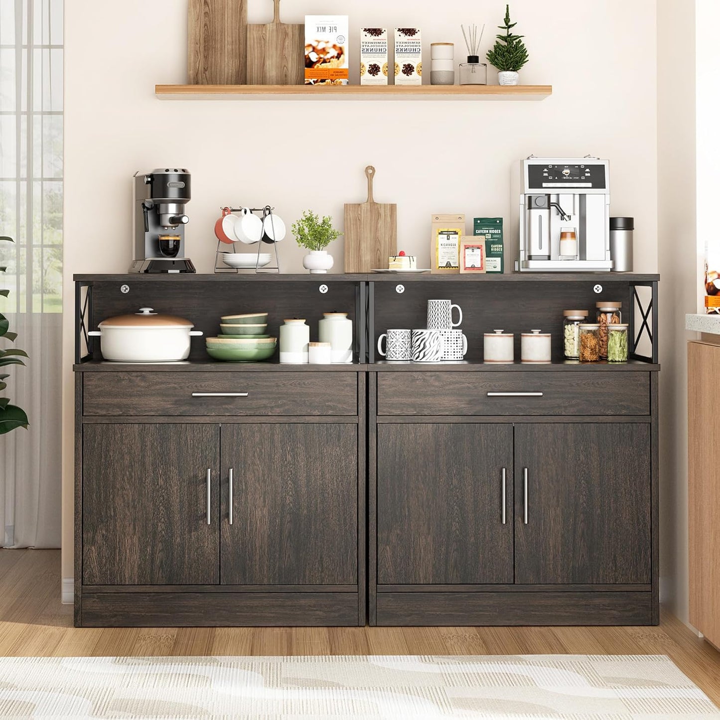 Shintenchi Kitchen Storage Cabinet with Adjustable Shelves and Drawers, Modern Buffet Sideboard, Wood Buffet Cabinet with Doors, Floor Cabinet Cupboard for Coffee Bar Living Room, Dark Brown