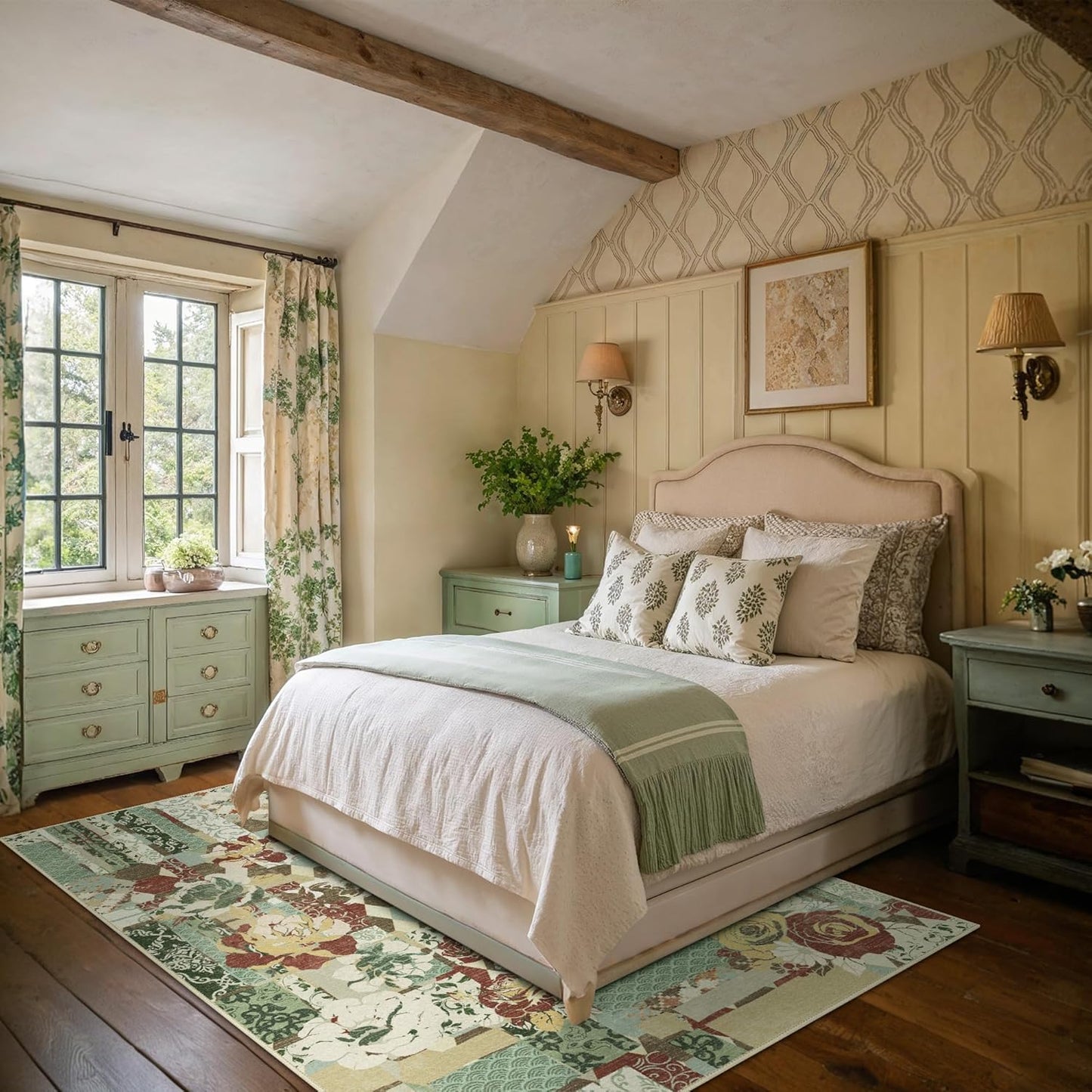 GENIMO 5X7 Floral Area Rugs for Living Room, Machine Washable Non Slip Vintage Patchwork Washable Rug, Ultra-Thin Low Pile Chenille Rugs for Bedroom, Dining Room, Celadon Green