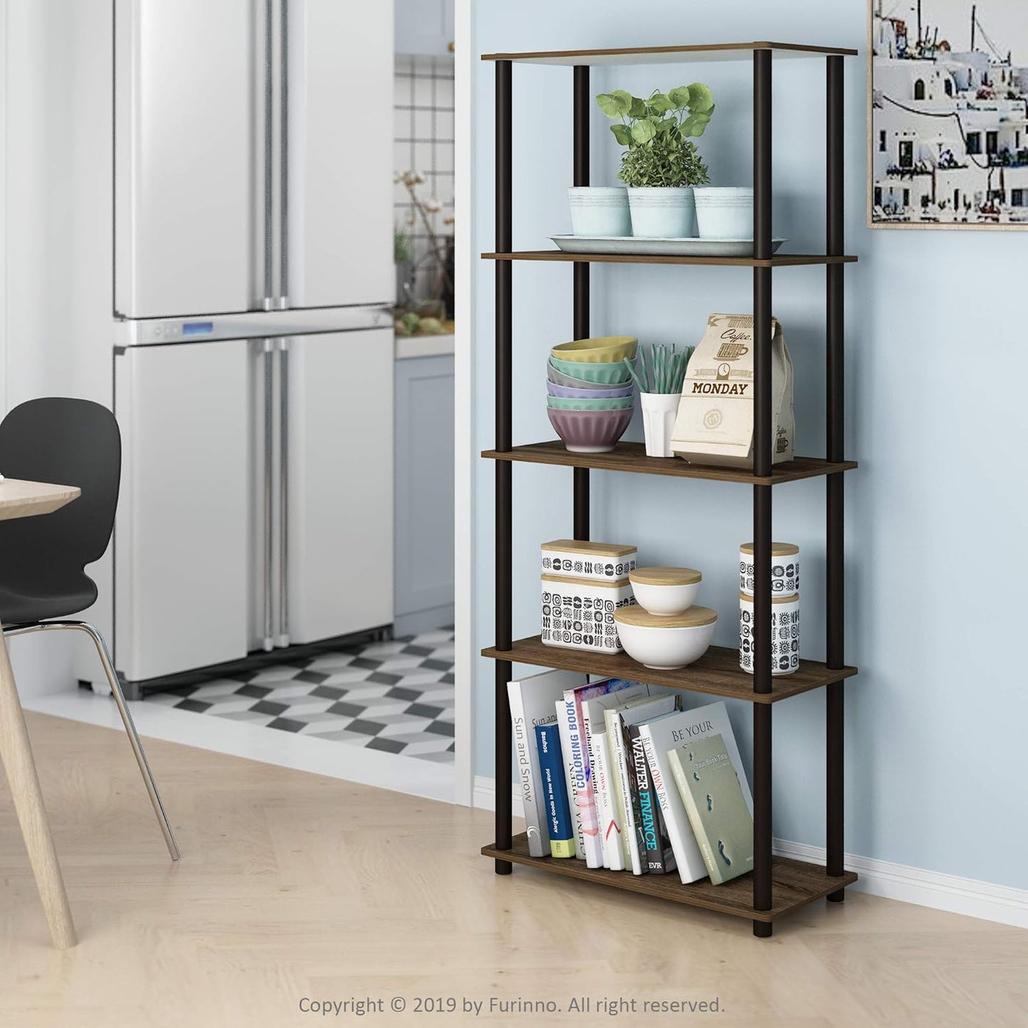 Furinno Turn-N-Tube 5-Tier Multipurpose Shelf / Display Rack / Storage Shelf / Bookshelf, Round Tubes, Walnut/Brown