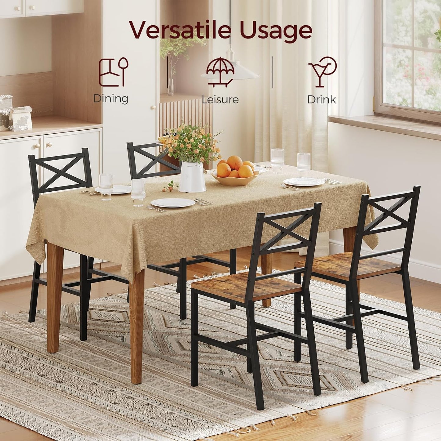 Dining Chair Set of 4, Rustic Wooden Kitchen Chairs with Backrest, Farmhouse Dining Chairs for Kitchen, Industrial Style Chair with Metal Frame, Easy Assembly, Rustic Brown TBHR1001S4