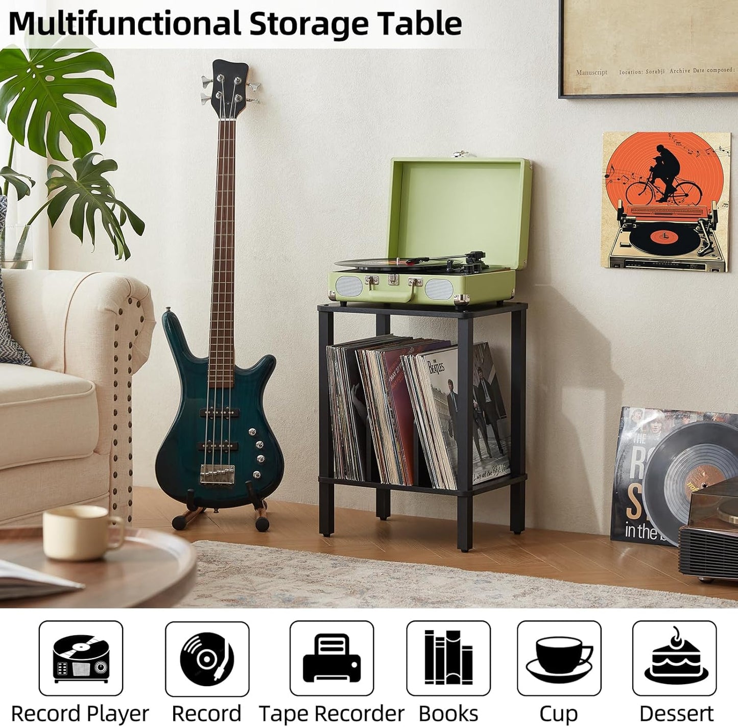 LELELINKY 2-Tier Bamboo Record Player Stand Set of 2 with Vinyl Record Storage up to 100 Albums, Boho Bedroom Record Holder and Multi-Functional End Table for Living Room, Black