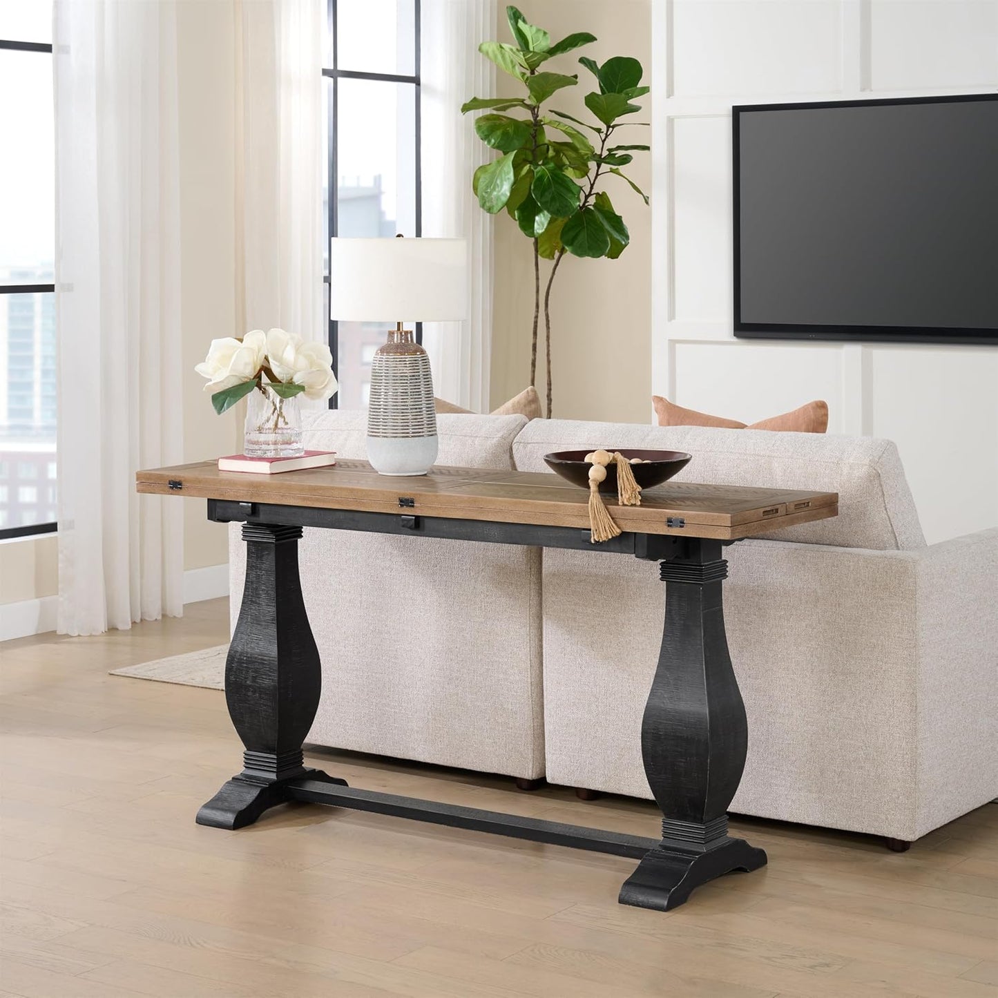 Martin Svensson Home Napa Solid Wood Pedestal Flip-Top Sofa Console Table, Black and Driftwood