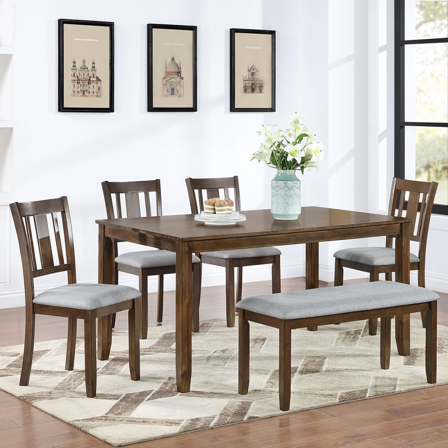 soges 6 Piece Kitchen Dining Table Set, Wooden Dining Table with 4 Upholstered Chairs and a Bench for 6 People, Living Room, Home and Kitchen, Table Chairs Set, Walnut