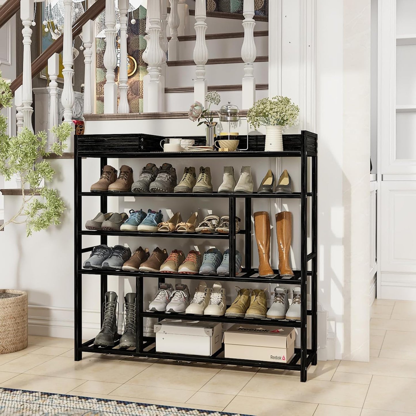 Bamworld Shoe Rack for Front Door Entrance Bamboo Shoe Organizer with Storage Box Free Standing Shoe Cabinet Shoe Storage Shelf for Entryway, Closet and Doorway (Black)