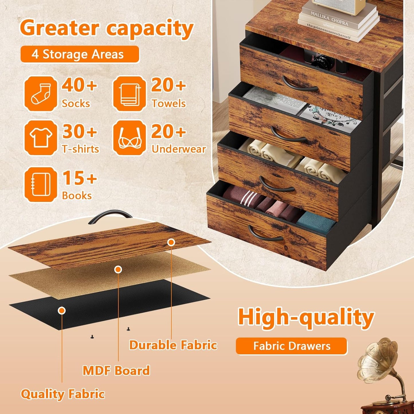 Furnulem Night Stand with Charger Station, 38'' Tall Nightstand with 4 Fabric Drawers and LED Lights, Bedside Table with Storage Shelf for Bedroom, Office, Metal Frame, Wood Shelves, Rustic Brown