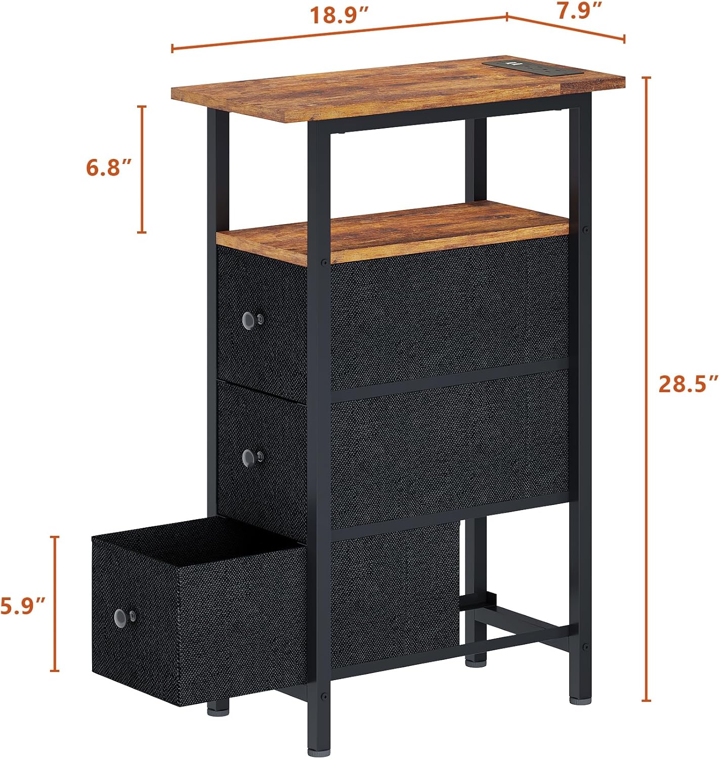 End Table with Charging Station, Narrow Side Table with 3 Fabric Drawers, Skinny Nightstand with LED Light, Slim Bedside Table for Bedroom, Living Room, Small Spaces, Rustic Brown and Black