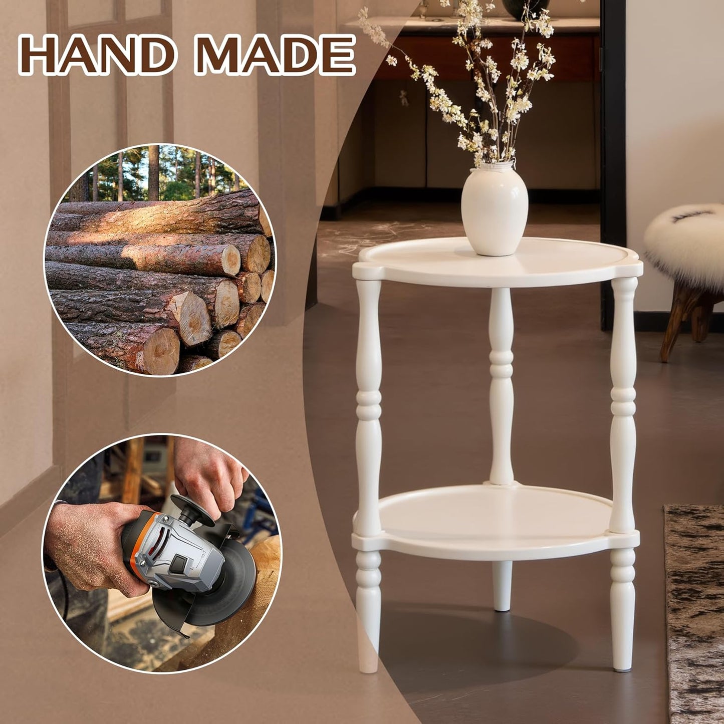 Accent Wood End Table, 2-Tier Round Bedside Table, Natural Side Table Nightstand for Family, Bedroom, Living Room, Handcrafted Finish, White