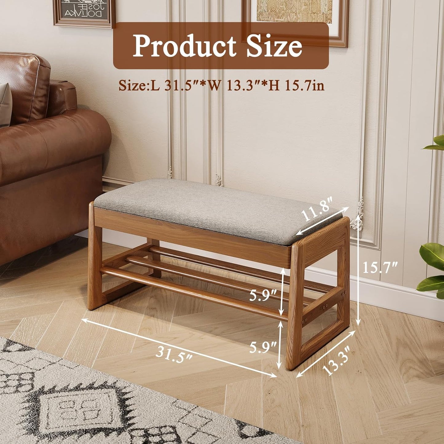 Shoe Rack Bench with Cotton-Linen Cushion 2-Tier Wooden Storage Bench 550lbs Compact Simple & Modern Design for Entryway, Hallway, Bedroom, Living Room, Closet, Front Door Entrance, Foyer