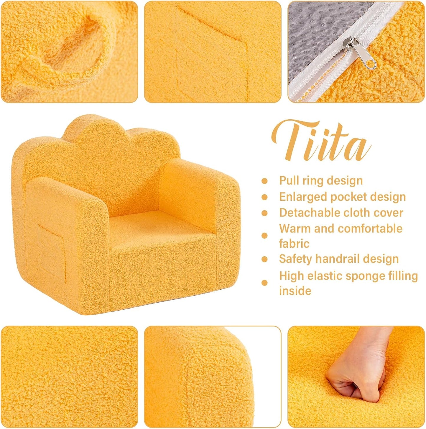 Tiita Kids Couch Plush Toddler Chair, Cloud-Like Glow in The Dark Kids Sofa Toddler Reading Chair with Washable Cover Carrying Handle, Convertible Children Sofa Chair for Girls and Boys