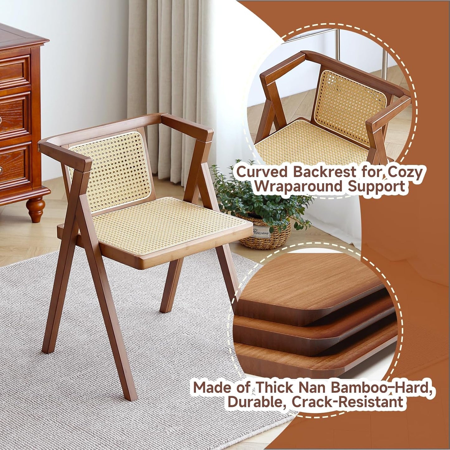 Rattan Dining Chair, Mid-Century Accent Armchair, Wicker Chair, Outdoor Bamboo Chair for Dining Room, Living Room, Bedroom, Kitchen, Walnut