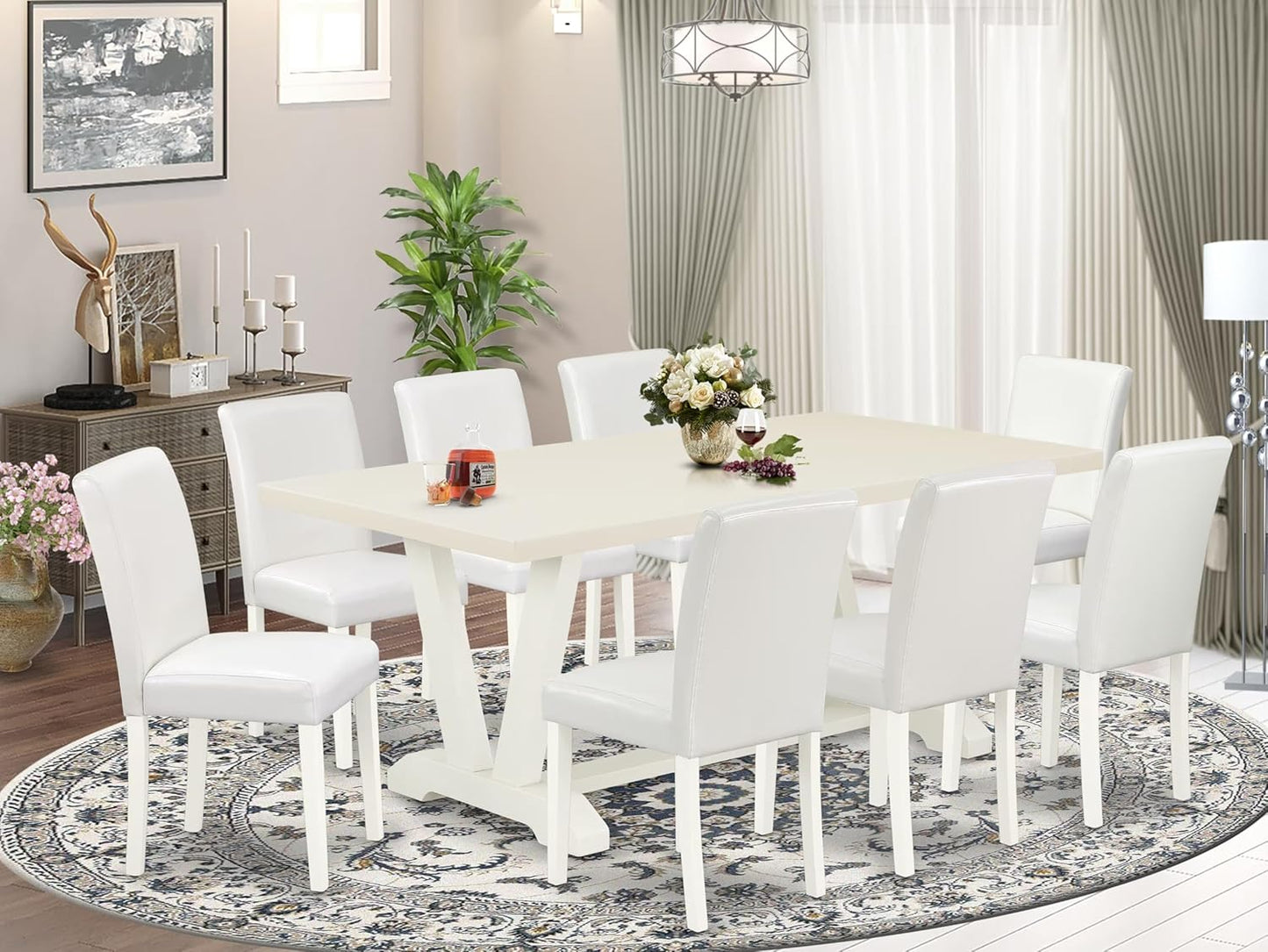 East West Furniture V027AB264-9 9 Piece Modern Dining Table Set Includes a Rectangle Wooden Table with V-Legs and 8 White Faux Leather Parson Dining Chairs, 40x72 Inch, Multi-Color
