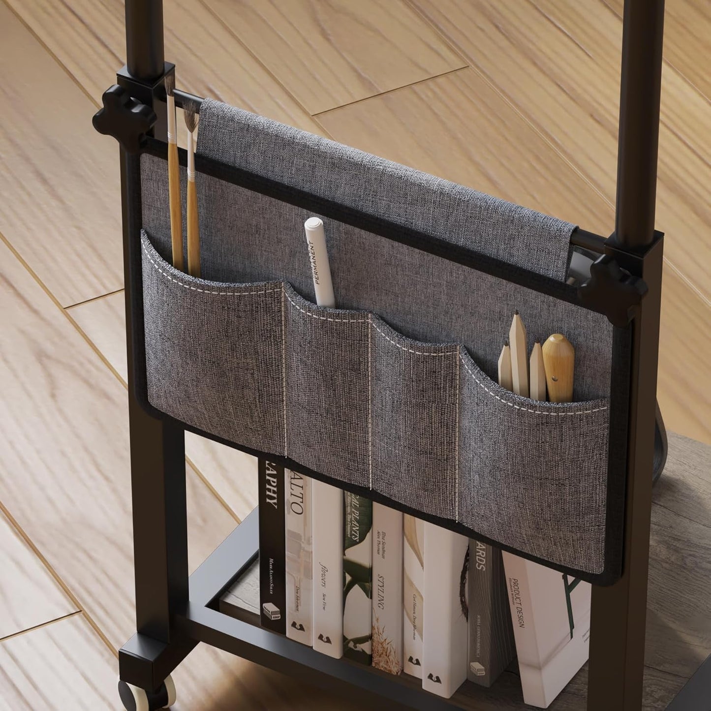 Adjustable Height Overbed Table, Sofa Side Bedside C Table with Wheels, Hospital Bed Table Rolling Tray with Storage, Mobile Computer Desk Laptop Table for Home Use with Side Pocket