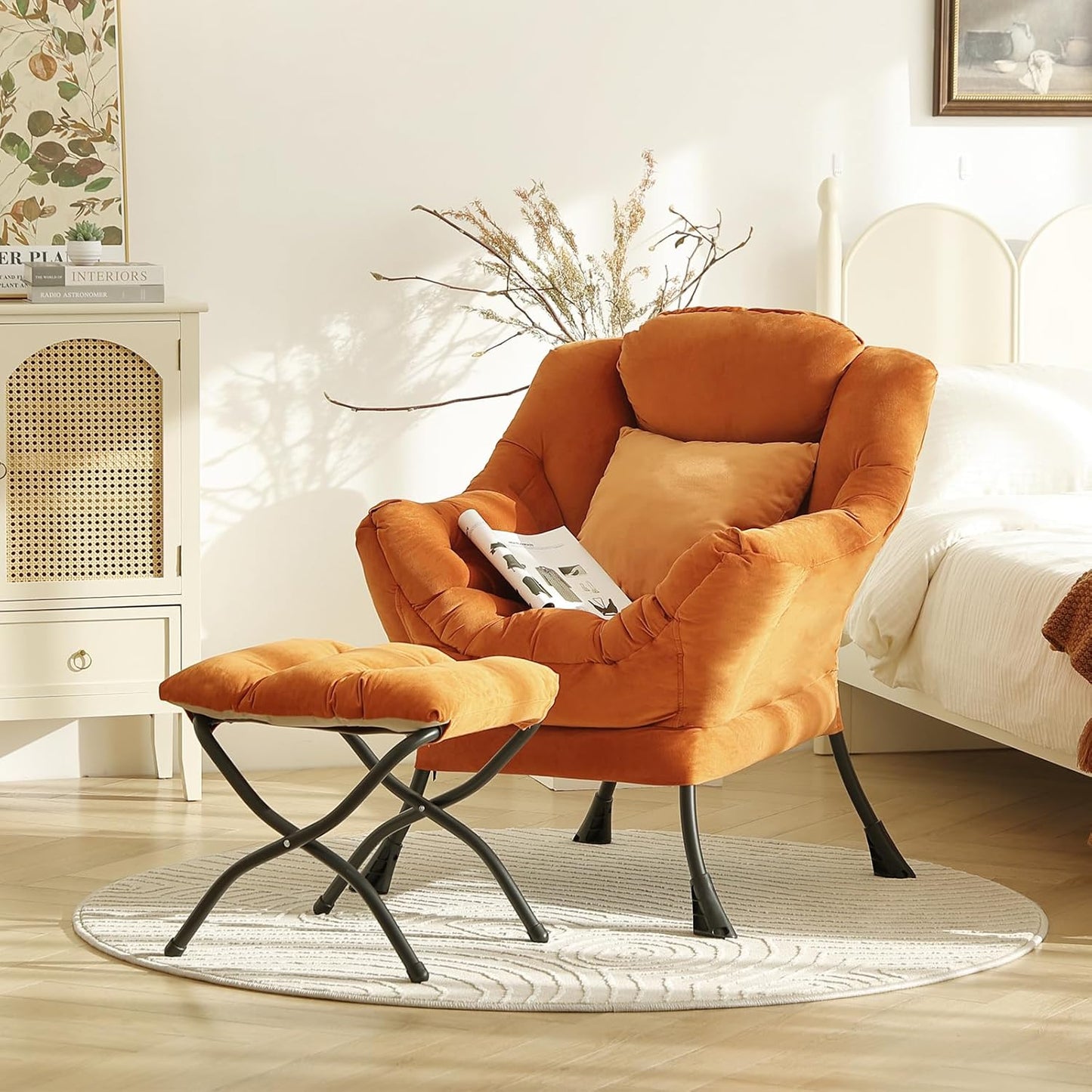 Large Lazy Chair with Ottoman, Accent Reading Chair with a Throw Pillow, Cozy Lounge Chair with Armrest, Leisure Sofa Chair for Living Room, Bedroom, Dorm Room, Velvet Tangerine