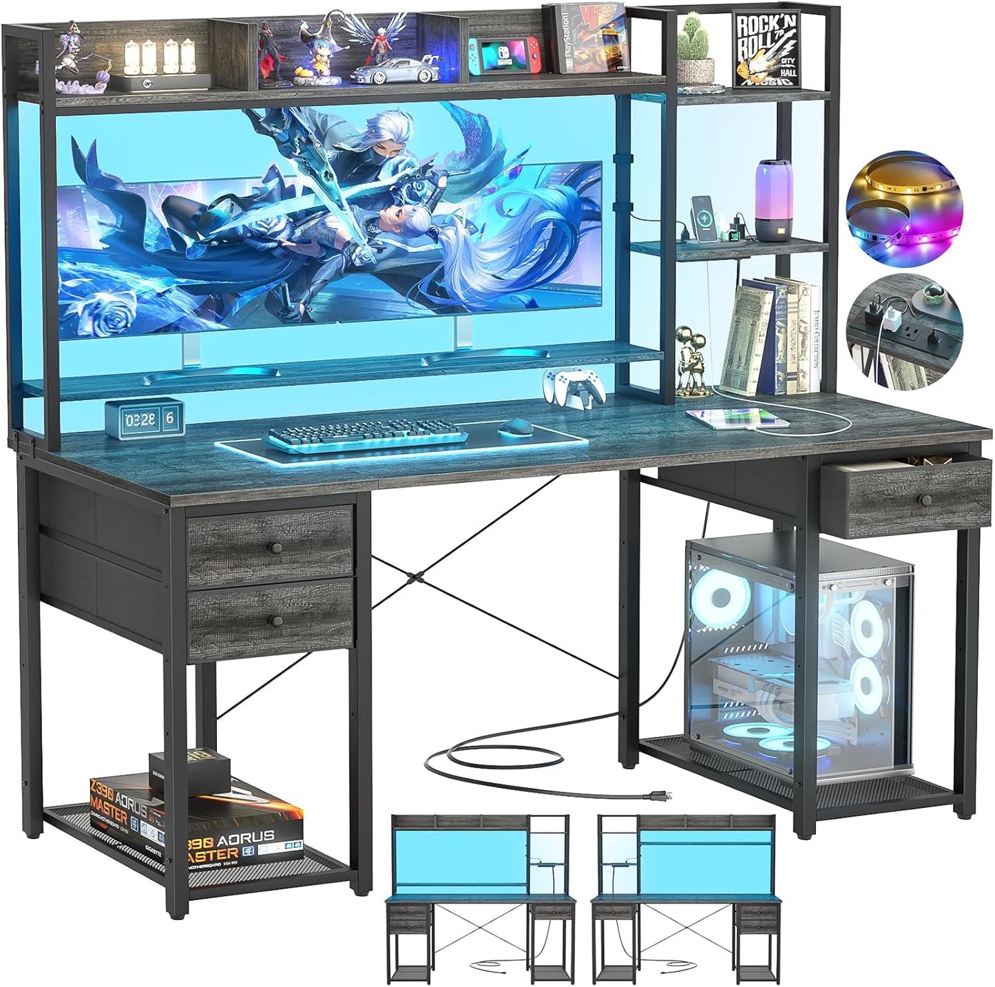 Aheaplus Gaming Desk With LED, Outlets, and Hutch - 55.2'' Computer Workstation With Drawers, Reversible Office Desk With Storage Bookshelf and Shelf - Large Home Desk, Black Oak