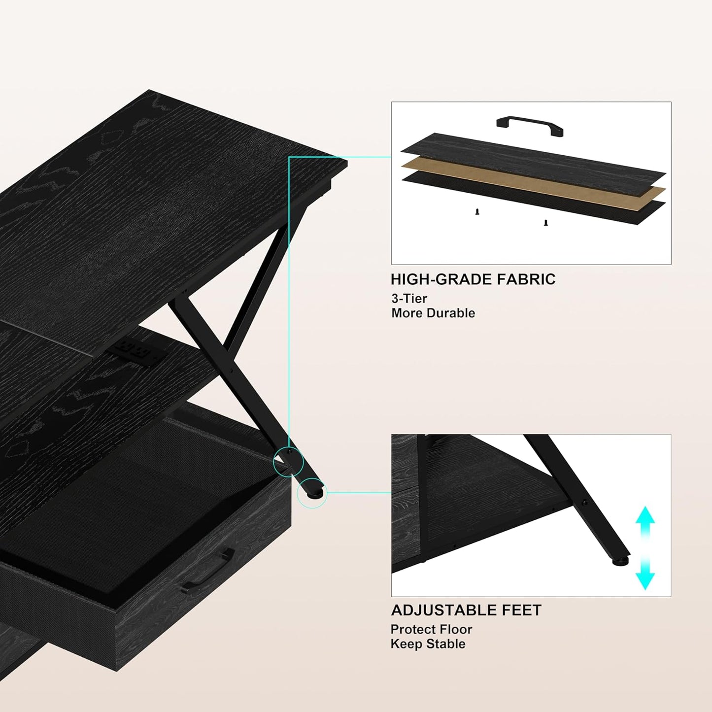 TV Stand with Power Outlet and LED Lights, Fits TVs up to 65”, 2 Fabric Drawers Entertainment Center with Open Storage Shelves, Media Console for Living Room, Bedroom (Charcoal Black)