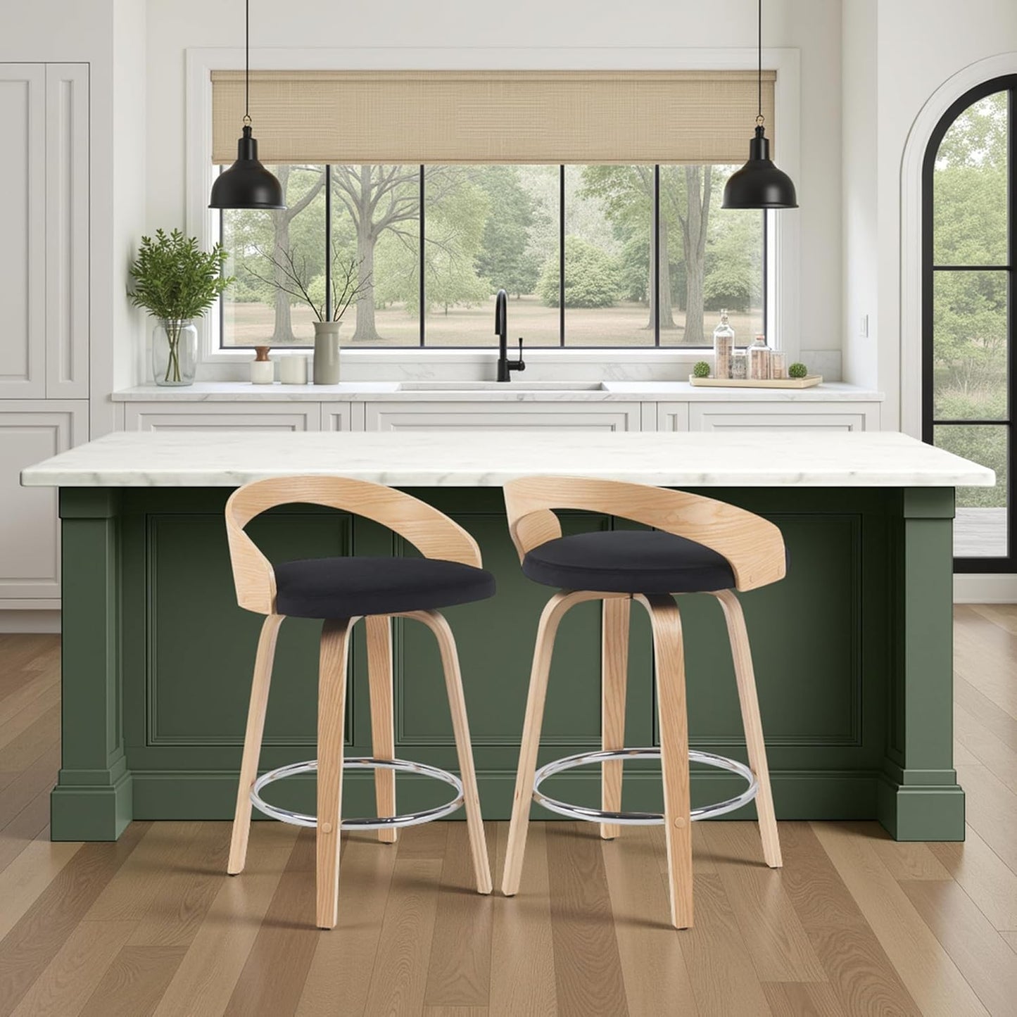 Sonia Modern Swivel Counter Height Bar Stool with Black Upholstered Seat and Patterned Oak Wood Finish Set of 3