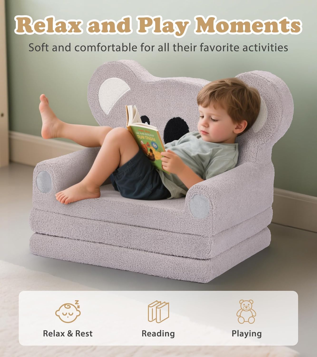 Kids Couch, 2-in-1 Soft Toddler Couch Fold Out with Blanket, Chair Comfy, Foldable Convertible Plush Sofa to Lounger, Gifts for Kids Girl Boys, Koala