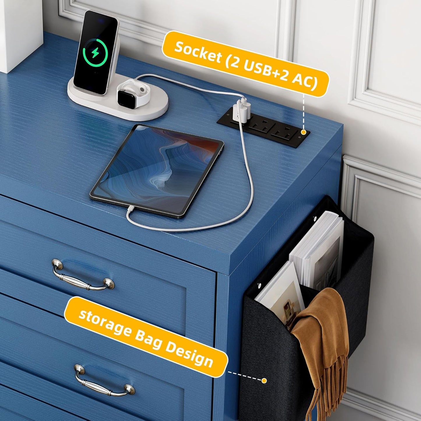 YITAHOME Drawers TV Stand for 65 inches with Power Outlets -Chest of Drawers Dresser with Side Organizer Bag Entertainment Center TV Console, Blue