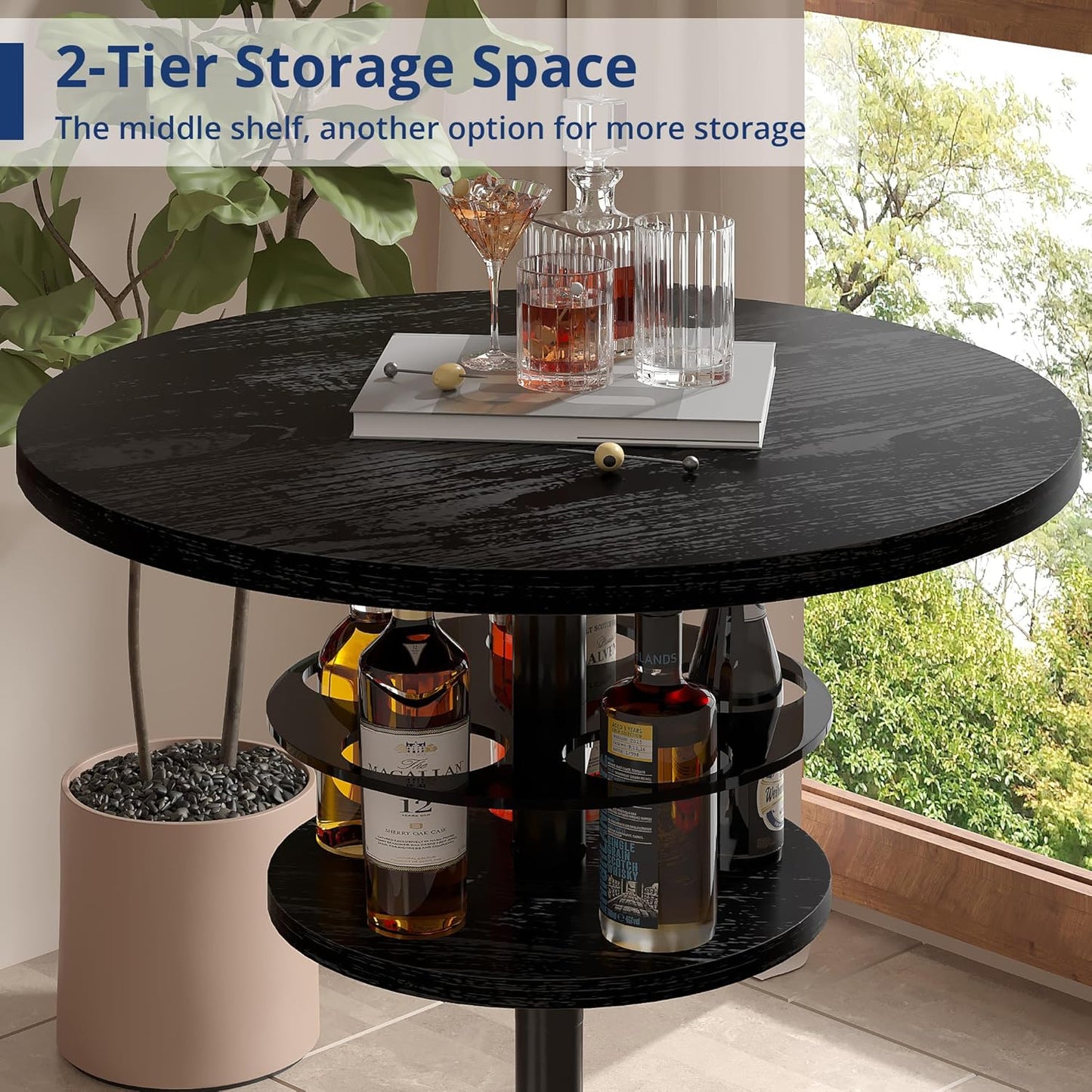 VECELO 36” High Top Bar Table, Sturdy Frame with Metal Base for Cocktail, Pub, Easy Assembly, Black