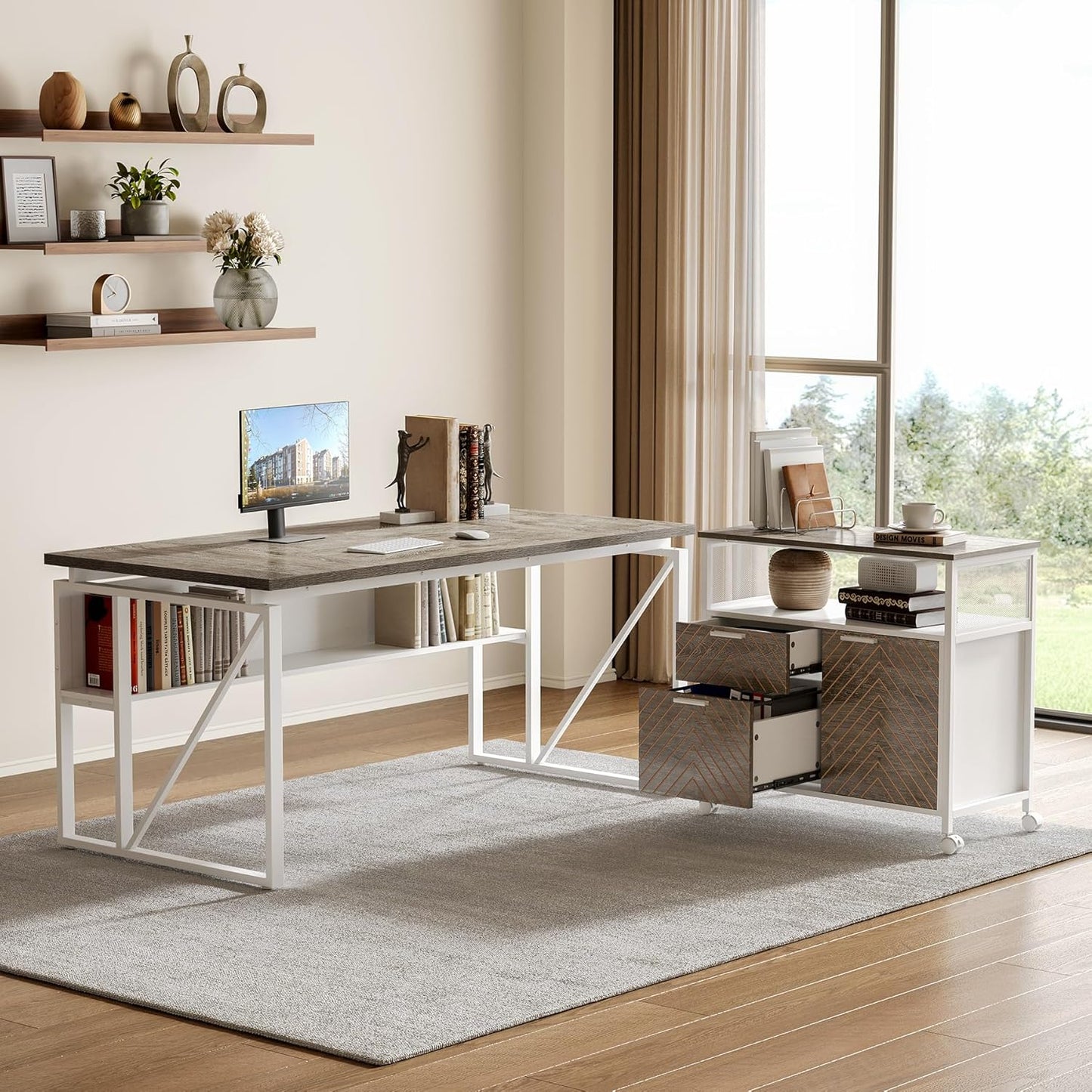 LITTLE TREE 63-Inch Office Desk with 31.5-Inch Lateral File Cabinet, Study Writing Desk Computer Desk for Home Office