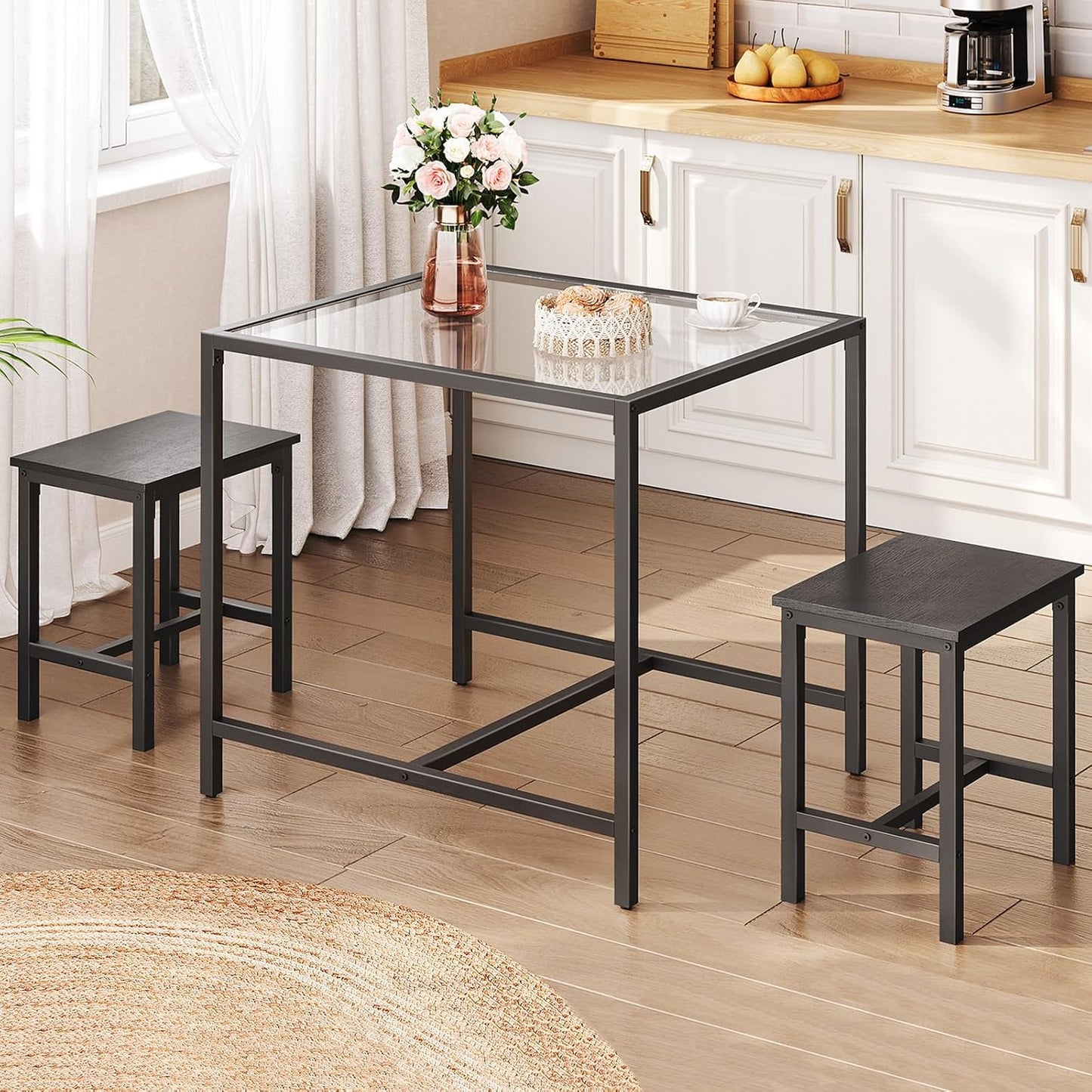 HOOBRO Mordern Dining Table Set, Glass Dining Room Table Set for Small Spaces, Kitchen Table and Chairs for 3 Table with Chairs Home Furniture Rectangular, Black BK80CZ01
