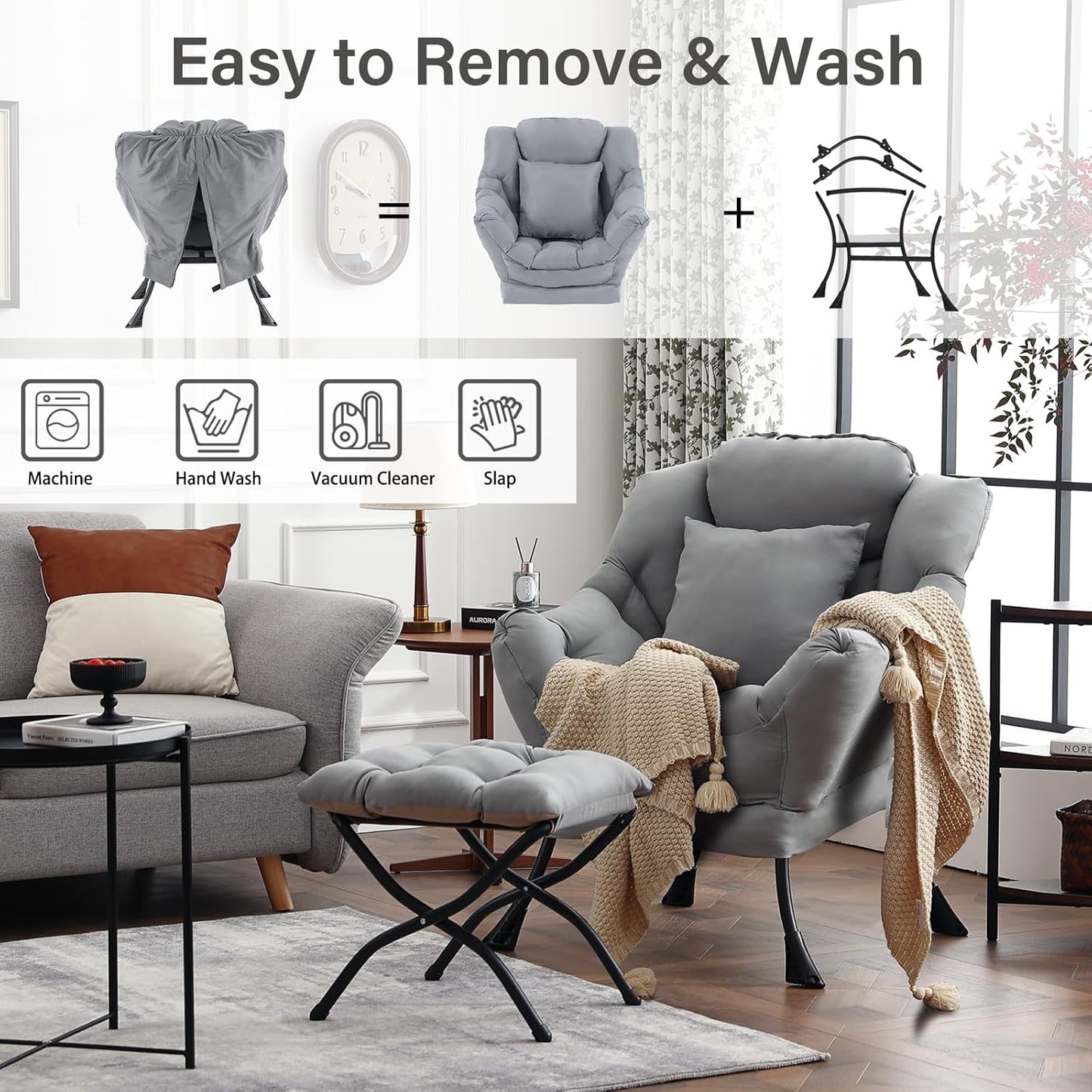 Lazy Chair with Ottoman, Modern Large Accent Lounge Chair with a Pillow, Leisure Sofa Armchair with Ottoman, Reading Chair with Footrest for Bedroom, Living Room, Dorm Room,Peach Light Gray